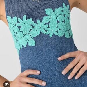 Sleeveless Blue Maxi Dress with Mint Floral Waist Detail